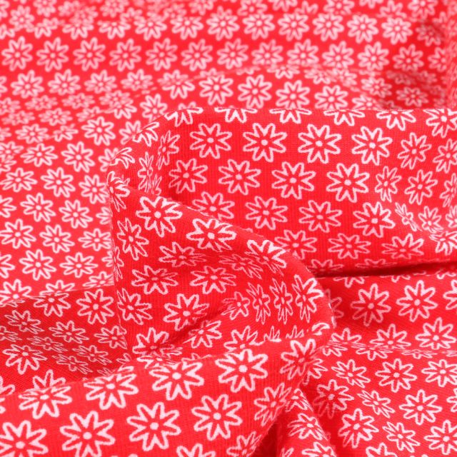 Tissu Jersey Coton Fleurs blanches sur fond Rouge griotte