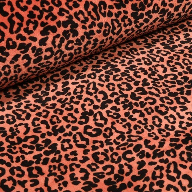 Tissu Jersey Velours Bio Motif léopard en relief sur fond Orange - Par 10 cm