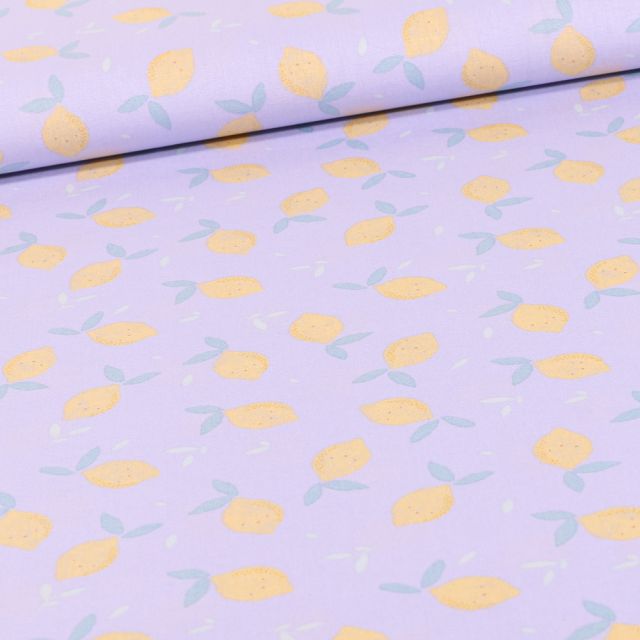 Tissu Coton imprimé Bio Petit citron pastel sur fond Lilas