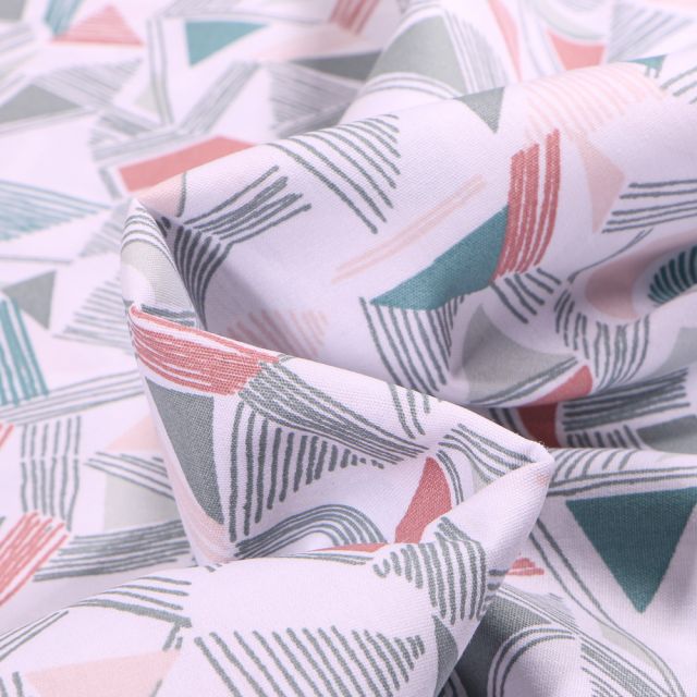 Tissu Coton imprimé Bio Formes géométrique stylisées rose sur fond Blanc