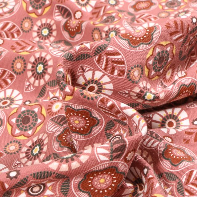 Tissu Jersey Coton Bio Feuilles et rosaces sur fond Rose