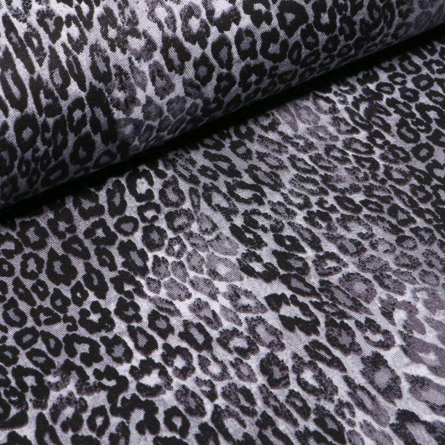 Tissu Coton Satiné extensible Tâches léopard sur fond Gris