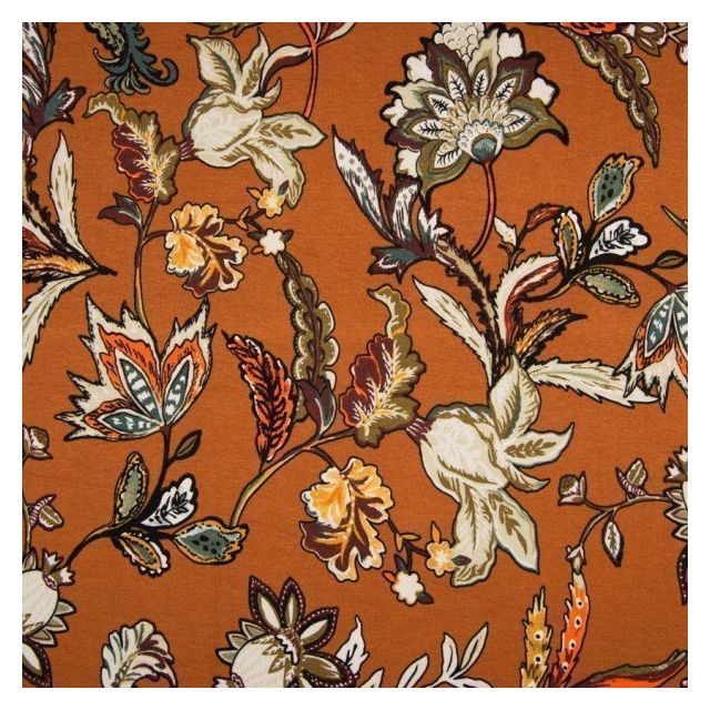 Tissu Jersey Viscose imprimé  Fleurs kaki et orange sur fond Brique - Par 10 cm