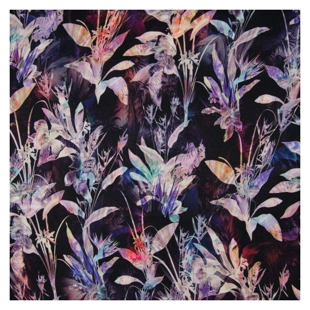 Tissu Cupro Feuilles Diverses violette et bleues sur fond Noir - Par 10 cm