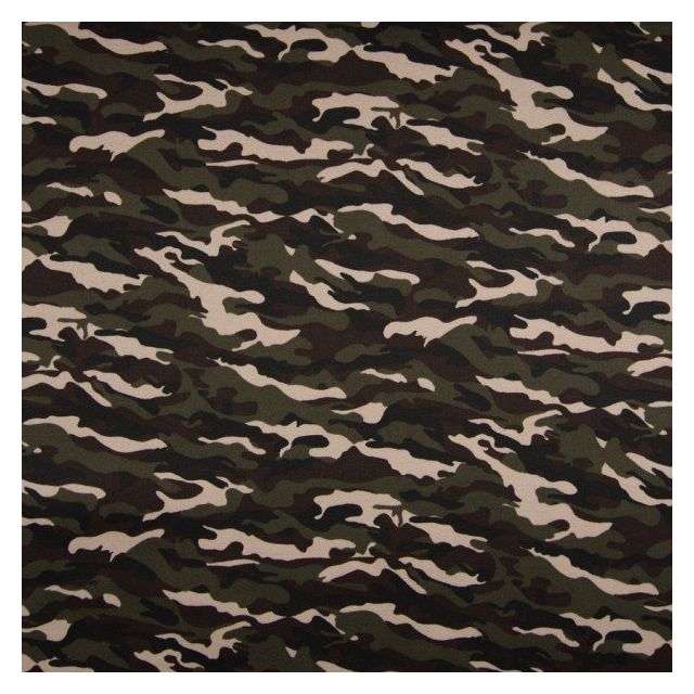 Tissu Coton satiné imprimé extensible camouflage marron sur fond Vert kaki foncé - Par 10 cm