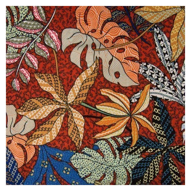 Tissu Viscose texturé Feuillages aborigènes sur fond Brique - Par 10 cm