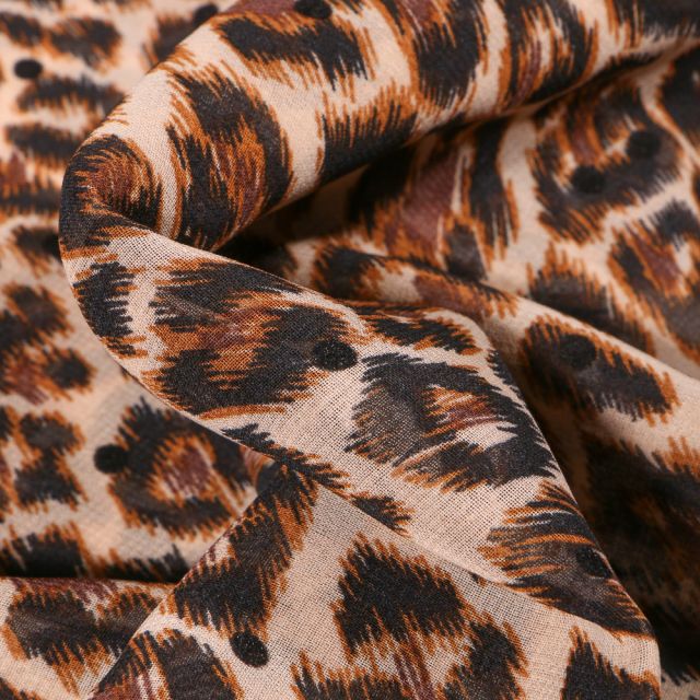 Tissu Mousseline Tâches léopard marron sur fond Beige