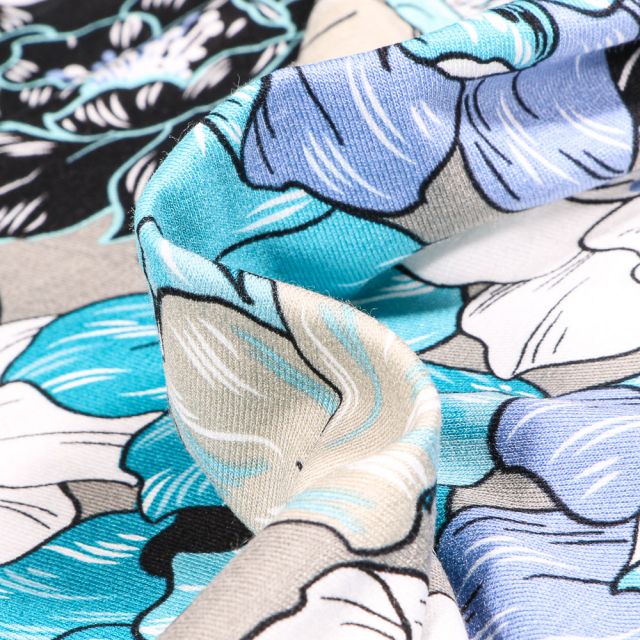 Tissu Jersey Viscose  Pivoines colorés sur fond Bleu gris