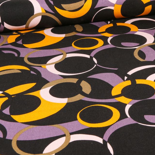 Tissu Viscose Twill extensible  Cercles abstraits jaune sur fond Noir