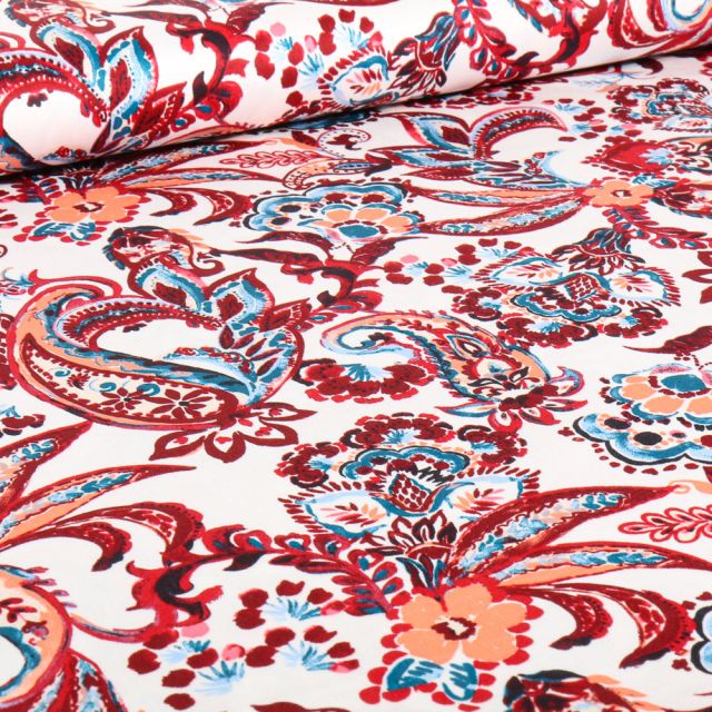 Tissu Coton Satiné extensible Paisley Flowers rouge sur fond Blanc