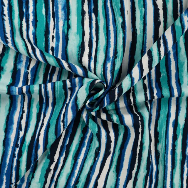 Tissu Viscose Chally Rayé turquoise et noir sur fond Bleu denim