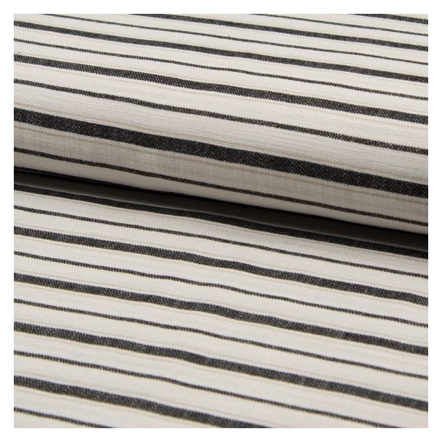 Tissu Viscose Coton et Lin rayé noir et beige fine sur fond Beige - Par 10 cm