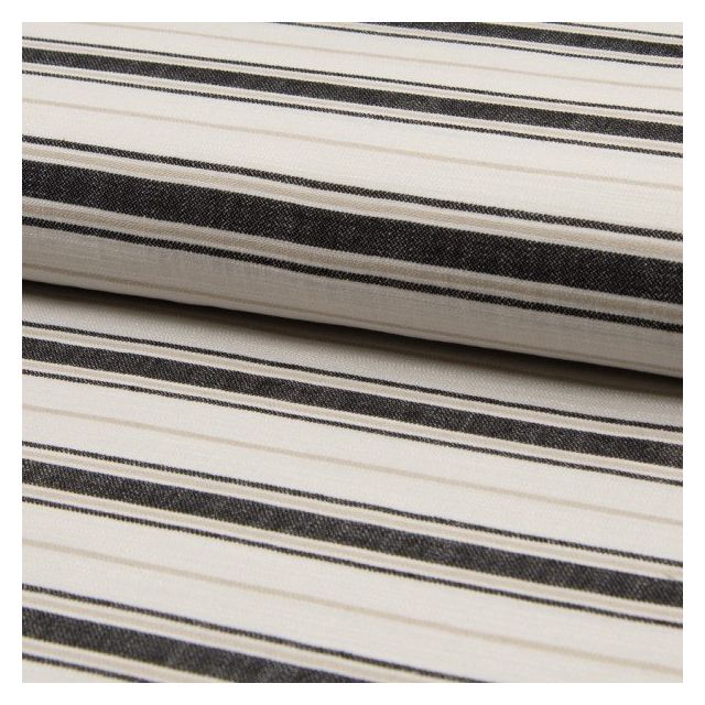 Tissu Viscose Coton et Lin rayé Noir et beige large sur fond Beige - Par 10 cm
