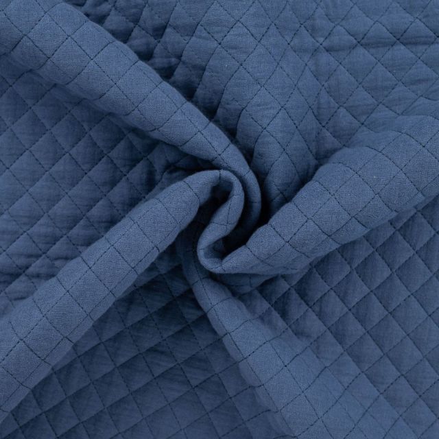 Tissu Double gaze Matelassée envers Coton uni Bleu jean