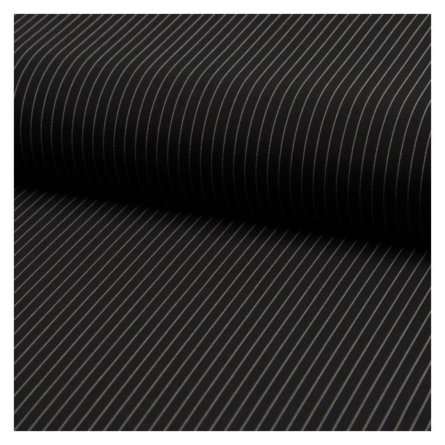 Tissu Gabardine légère et fluide  Rayures fines blanches sur fond Noir - Par 10 cm