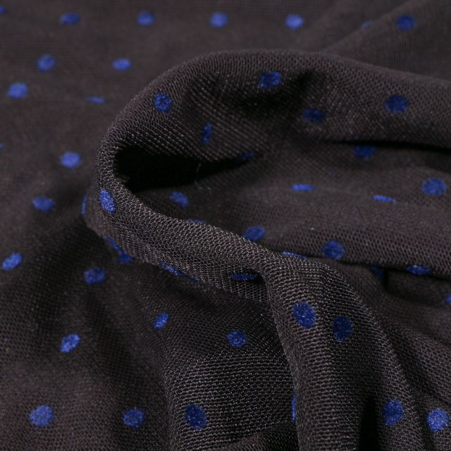 Tissu Tulle souple Pois en relief velours bleu sur fond Noir