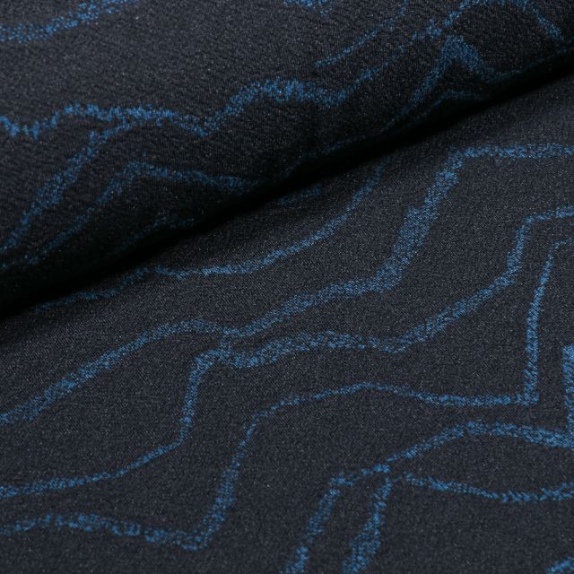 Tissu Jacquard polyviscose extensible Motifs abstraits bleu sur fond Noir
