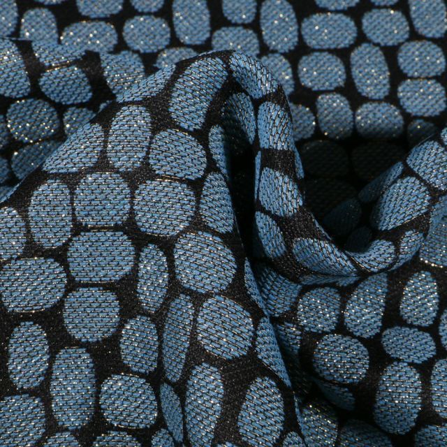 Tissu Jacquard lurex Pois bleus sur fond Noir - Par 10 cm