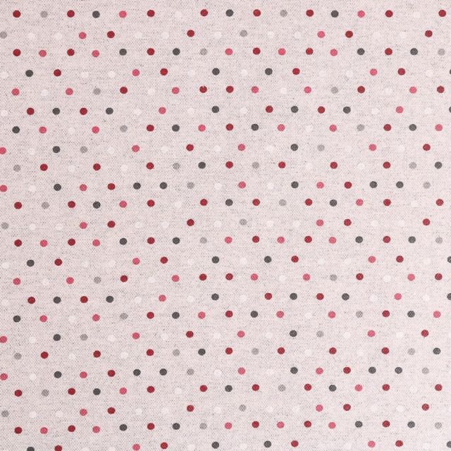 Tissu Toile de Coton Enduit Anti Tâches Confettis Rouges,roses et gris sur fond Beige - Par 10 cm