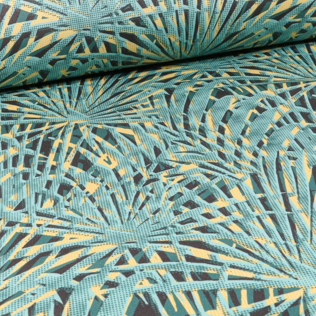 Tissu Toile Transat Dralon Feuilles de palmiers colorées sur fond Vert