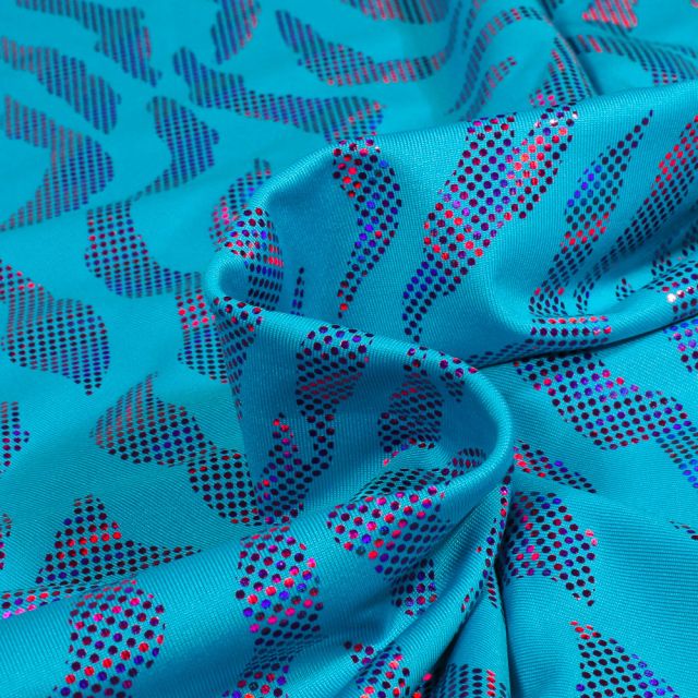 Tissu Jersey Lycra Zébra métalissé sur fond Bleu turquoise