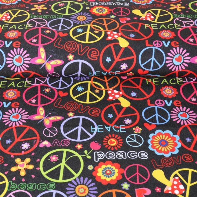 Tissu Burlington imprimé Peace fleuris sur fond Noir