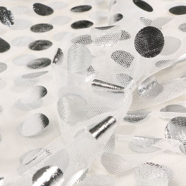 Tissu Tulle souple  Cercles métallisés sur fond Blanc