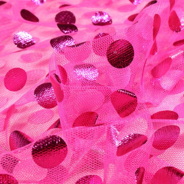 Tissu Tulle souple  Cercles métallisés sur fond Rose