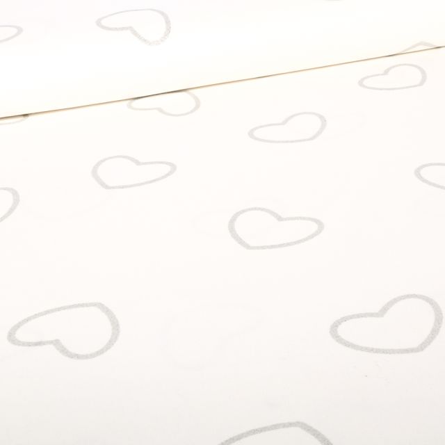 Tissu Coton Satiné extensible Cœurs argentés sur fond Blanc