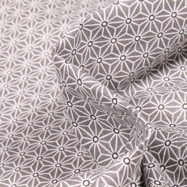 Tissu Coton imprimé Saki gris sur fond Blanc