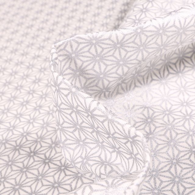 Tissu Coton imprimé Arty Saki Argent sur fond Blanc