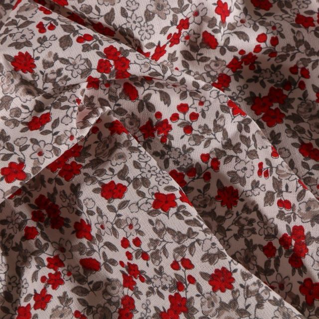 Tissu Coton imprimé Arty Petites fleurs grises et rouges sur fond Blanc - Par 10 cm