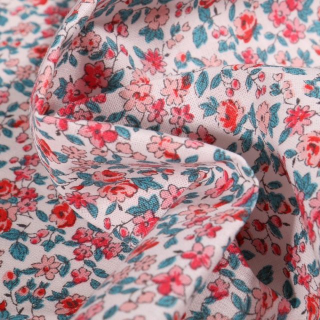 Tissu Coton imprimé Arty Léonie rose et bleu pétrole sur fond Blanc - Par 10 cm
