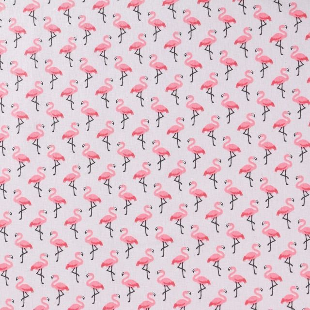 Tissu Coton Imprimé Arty Flamingo Rose sur fond Gris - Par 10 cm