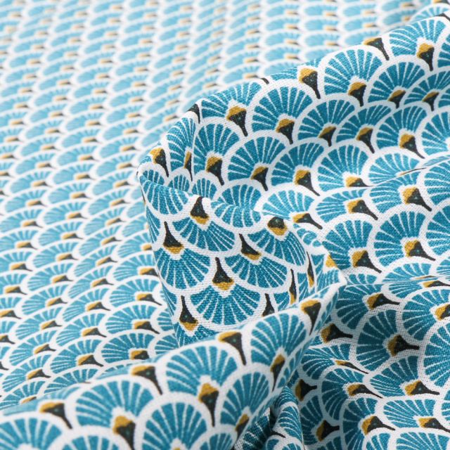 Tissu Coton imprimé  Arty Eventails sur fond Bleu turquoise - Par 10 cm