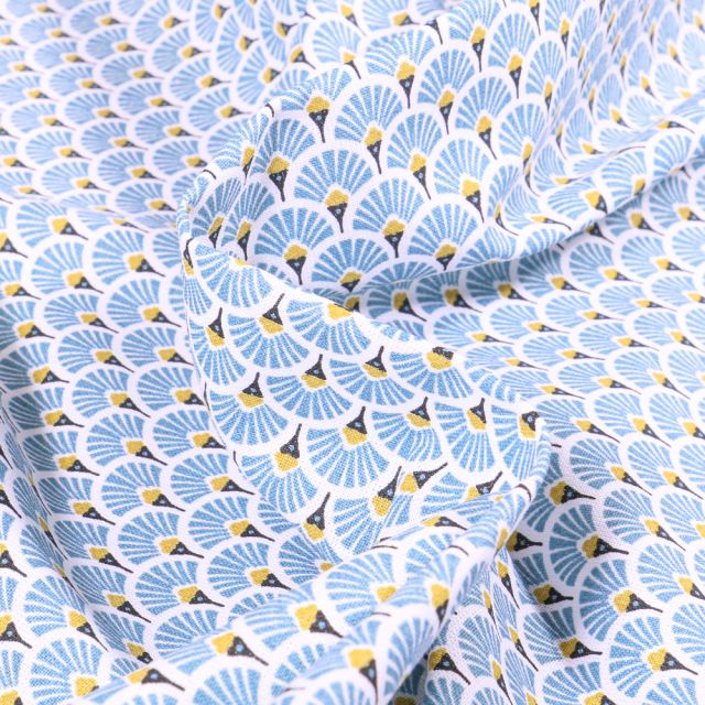 Tissu Coton imprimé Arty Eventails bleu ciel sur fond Blanc