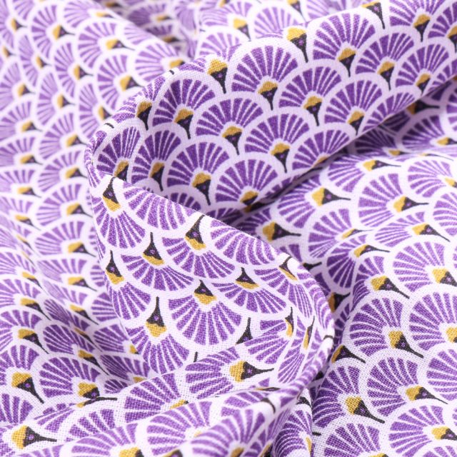 Tissu Coton imprimé Arty Eventails violet sur fond Blanc