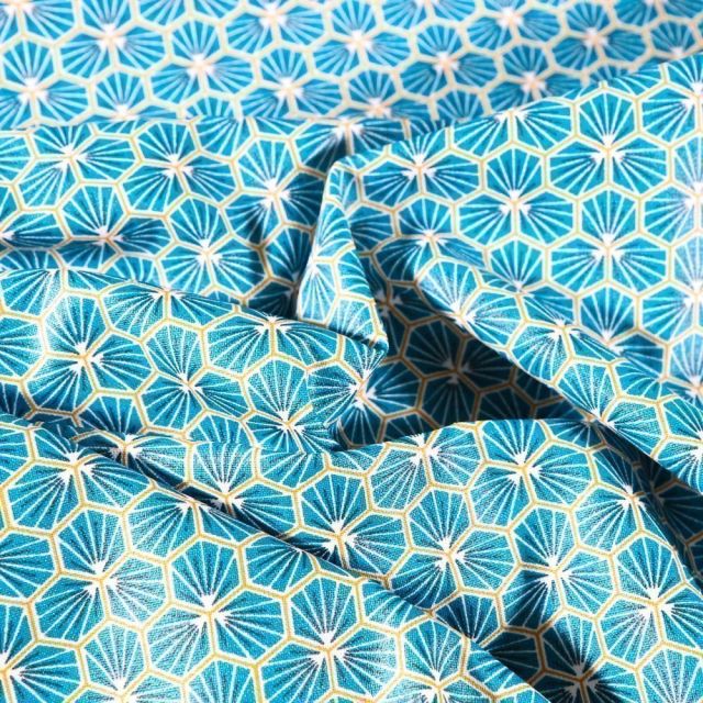 Tissu Coton enduit Riad sur fond Bleu canard - Par 10 cm