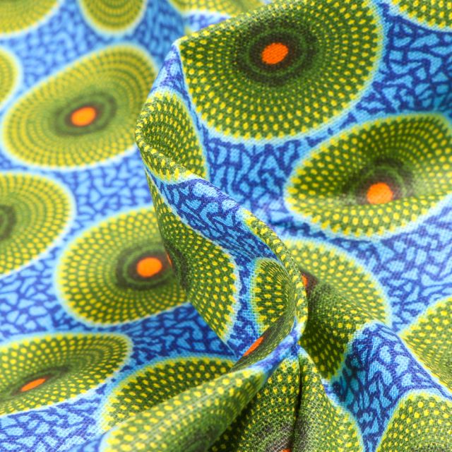 Tissu Coton imprimé Arty Wax Cercle Illusion sur fond Bleu