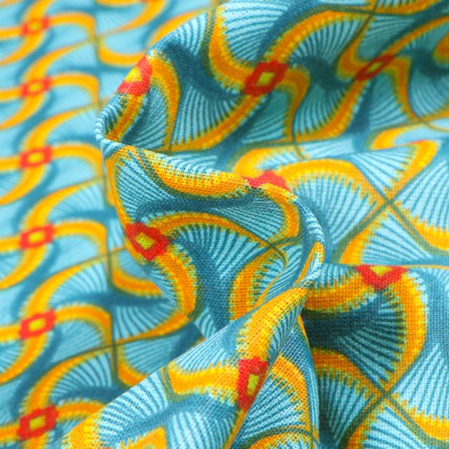 Tissu Coton imprimé Arty Wax Illusion sur fond Bleu turquoise