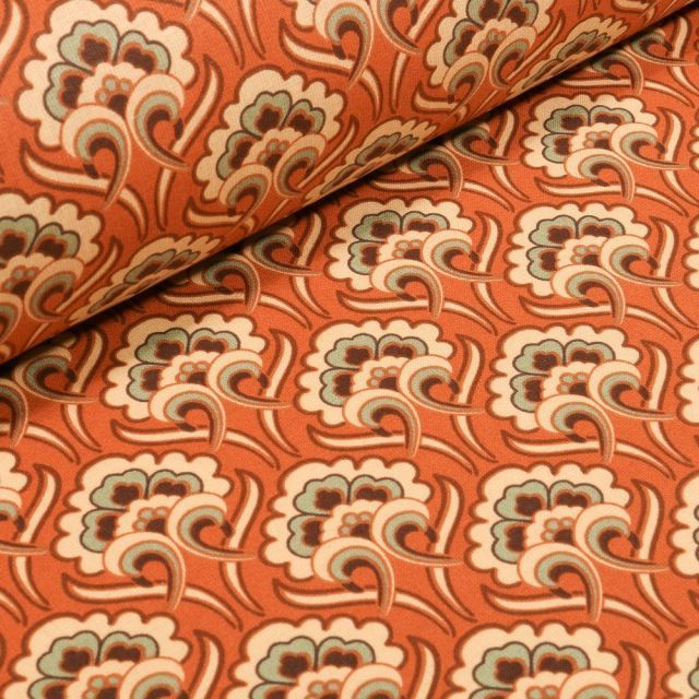 Tissu Coton imprimé Arty Arabesques fleurs sur fond Orange - Par 10 cm