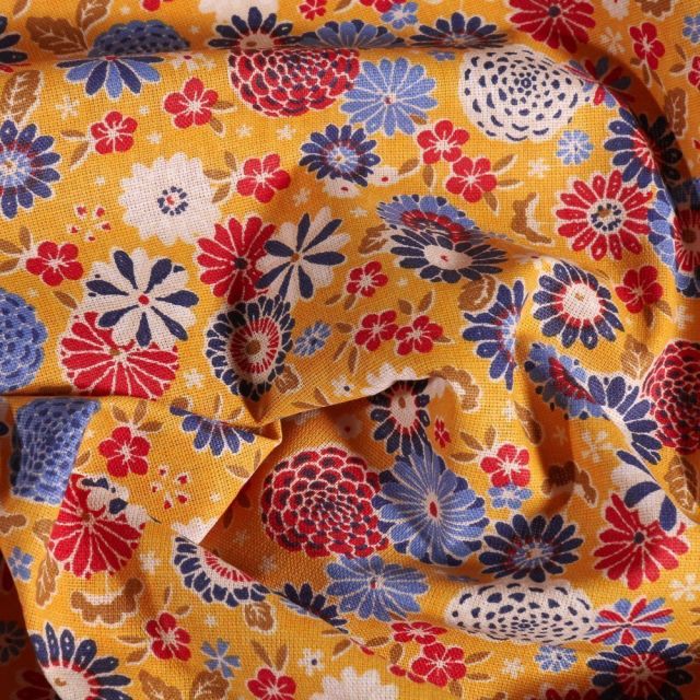 Tissu Coton imprimé Arty Fleurs sur fond Jaune - Par 10 cm