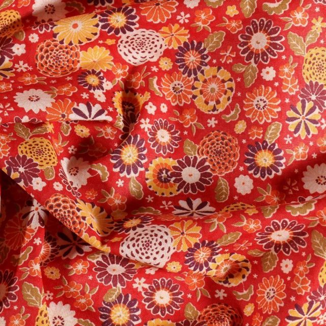 Tissu Coton imprimé Arty Fleurs sur fond Rouge - Par 10 cm