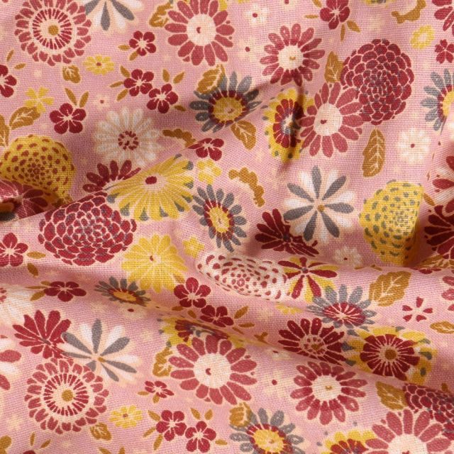 Tissu Coton imprimé Arty Fleurs sur fond Rose - Par 10 cm