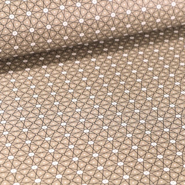 Tissu Coton enduit Etoiles et pois sur fond Taupe - Par 10 cm