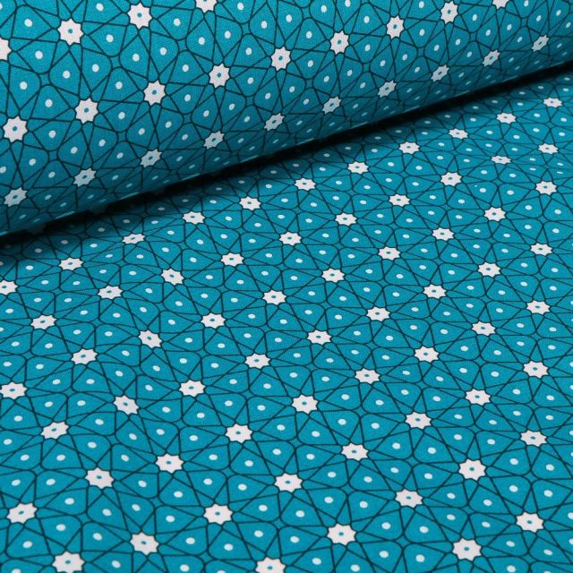 Tissu Coton imprimé Arty Etoiles et pois sur fond Bleu pétrole - Par 10 cm