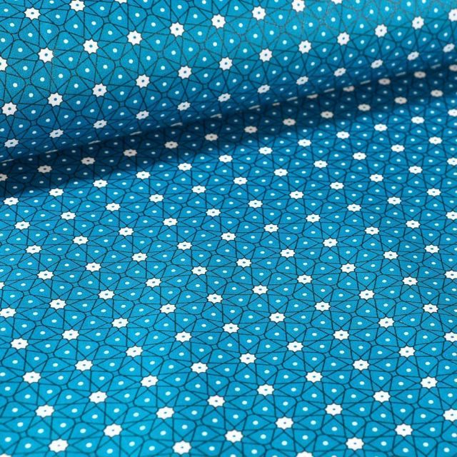 Tissu Coton enduit Etoiles et pois sur fond Bleu - Par 10 cm