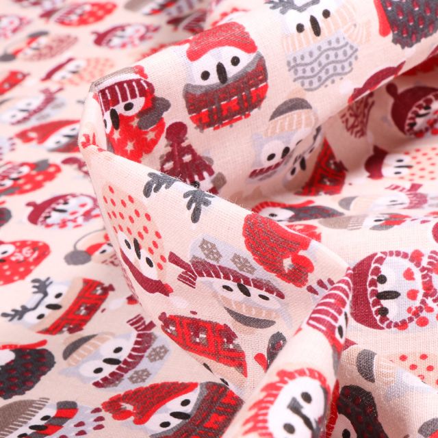 Tissu Coton imprimé Arty Hiboux des neiges rouge et gris sur fond Beige