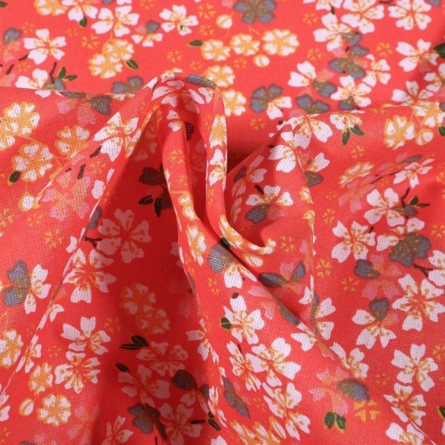 Tissu Coton imprimé Arty Fleurs de Sakura sur fond Orange - Par 10 cm