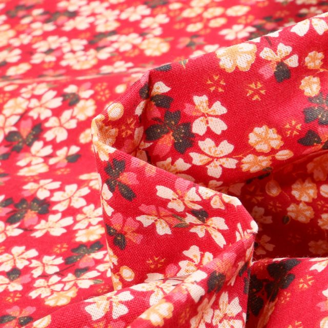 Tissu Coton imprimé Sakura sur fond Rouge